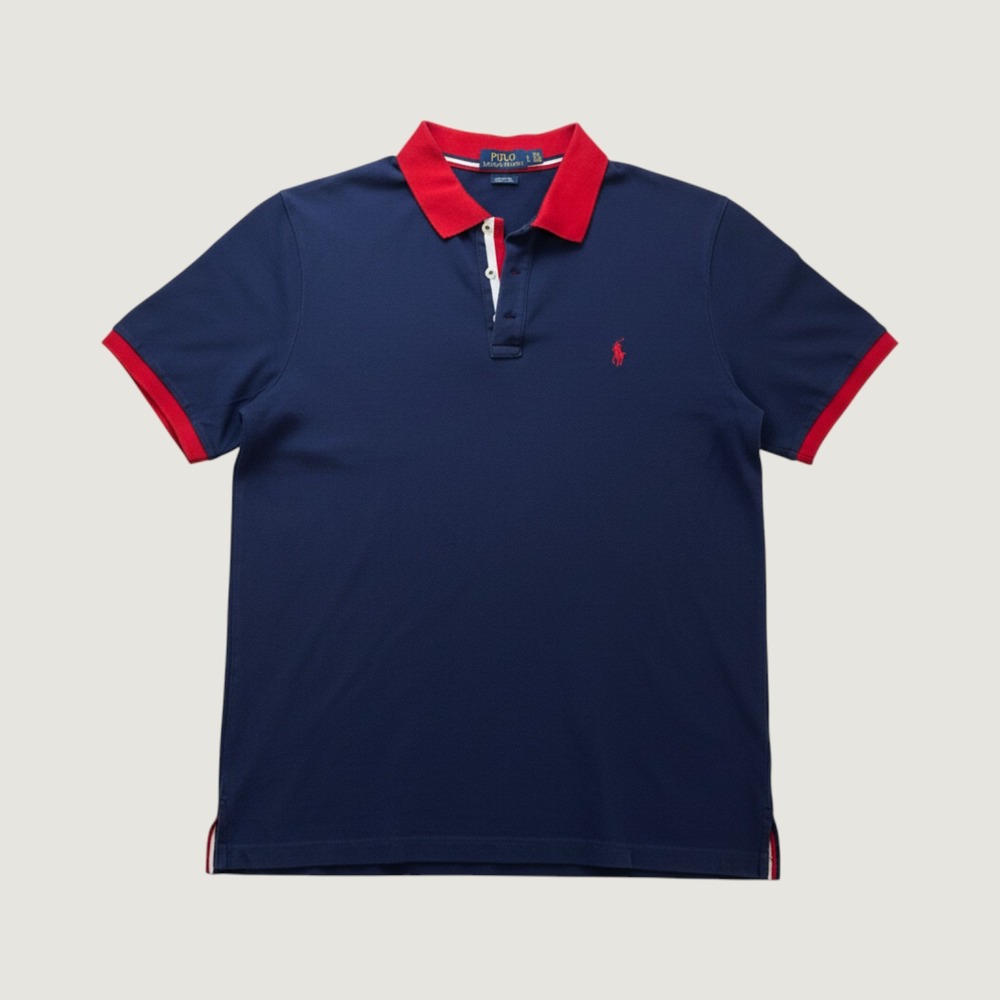 Polo Ralph Lauren Mens Classic Fit Navy Blue Red Contrast Trim Polo Shirt L